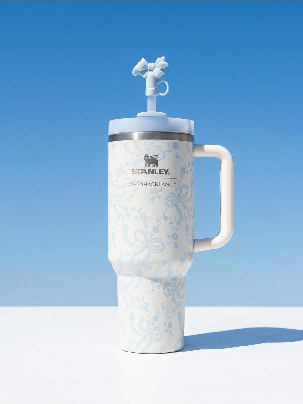 LoveShackFancy White Light Blue Floral Travel Mug 40oz quencher gift set topper